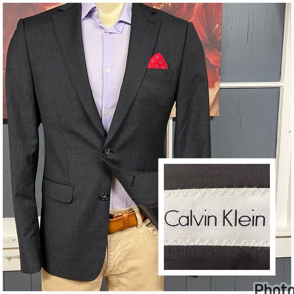 Calvin Klein Blazer Sport Coat Mens 40R Slim Fit Wool Stretch Dark Gray/Blue